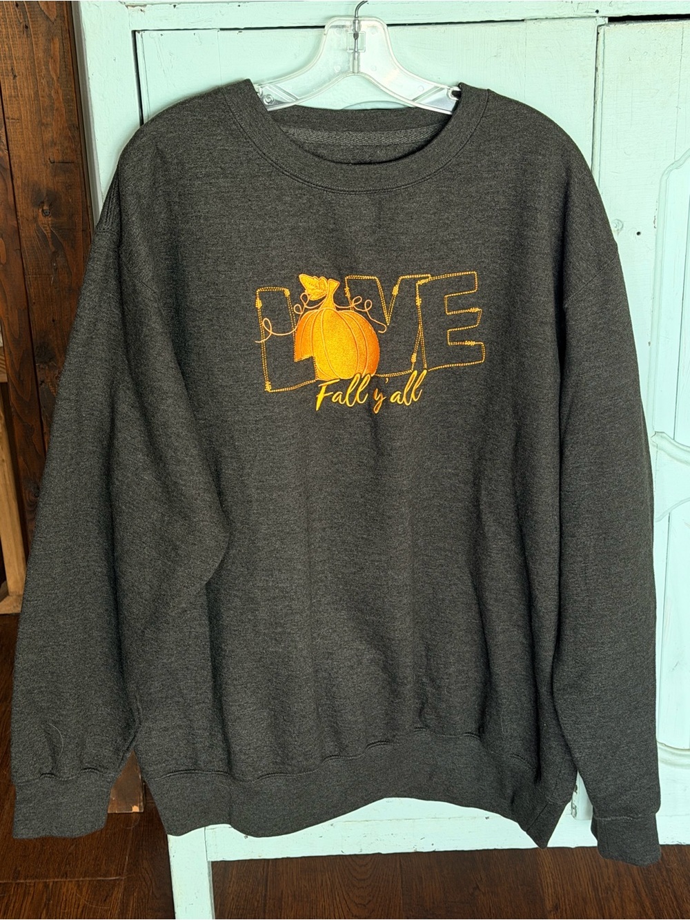 Charcoal "LOVE Fall y'all" Pumpkin Embroidered Sweatshirt